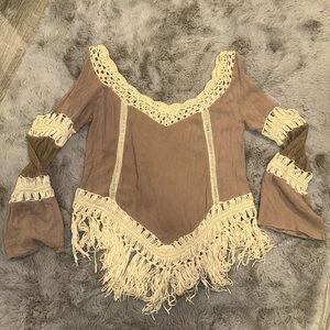 Dreamers Crochet Fringe Blouse in Brown and Cream